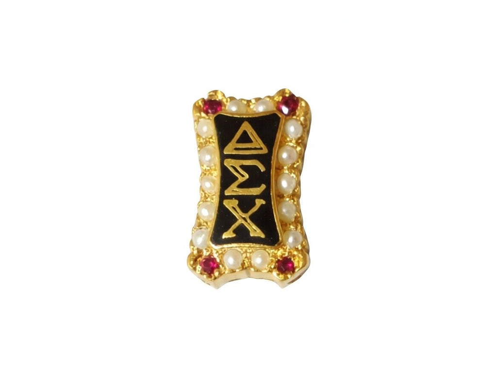 1920’s vertical, crown-set badge w/garnets and pearls
